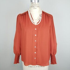 Nanette Lepore Smocked Cuff Rust Orange Long Sleeve Button Front Blouse * Small